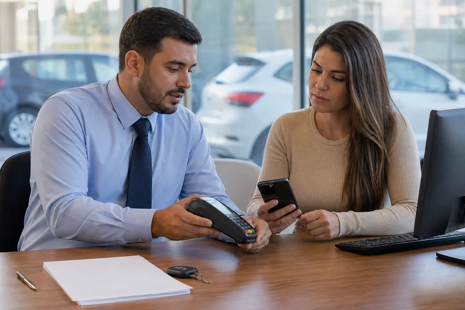 Cliente pagando débitos de veículo em despachante.