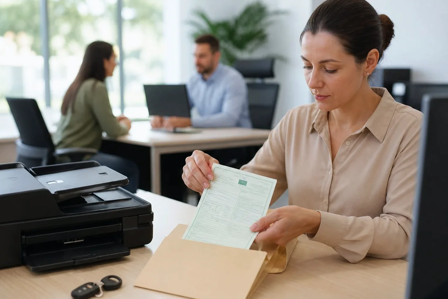 Cliente recebendo a segunda via do CRV em escritório de despachante.