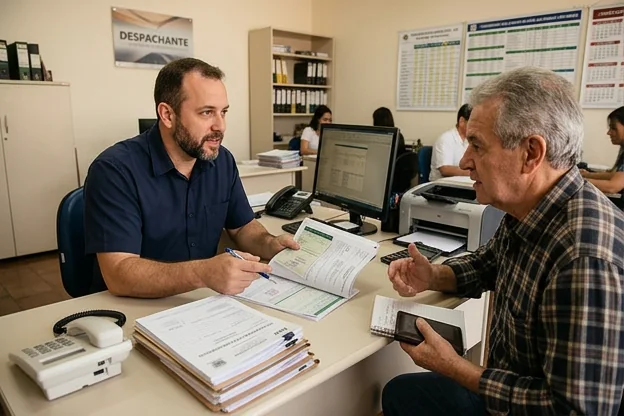 Despachante dando dicas para evitar multas relacionadas à documentação.